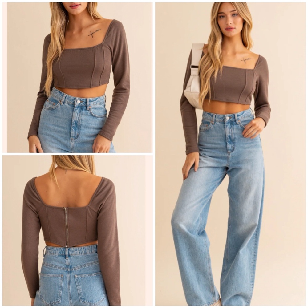 Le Lis Brown Square-Neck Long Sleeve Cropped Top